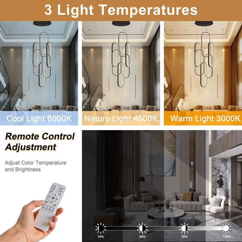 Modern Chandelier 6 Ring Adjustable Height Long Staircase LED Chandeliers Foyer Ceiling Light