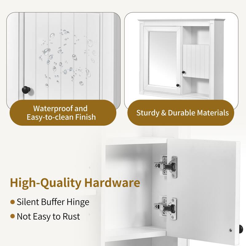 Bathroom Wall Mounted Medicine Cabinet Mirrored Door Over Toilet Storage Cabinet w/ Vertical Stripe Design and Open Compartments