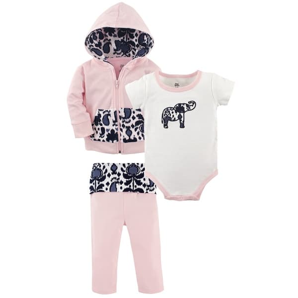 slide 1 of 1, Yoga Sprout Baby and Toddler Girl Cotton Hoodie, Bodysuit or Tee Top, and Pant, Ikat Elephant Baby 0-3 Months - Ikat Elephant Baby