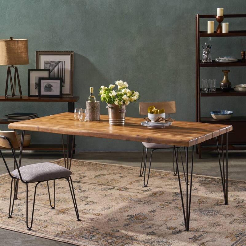 Industrial Rectangular Dining Table Acacia Wood and Metal Hairpin Legs - Teak