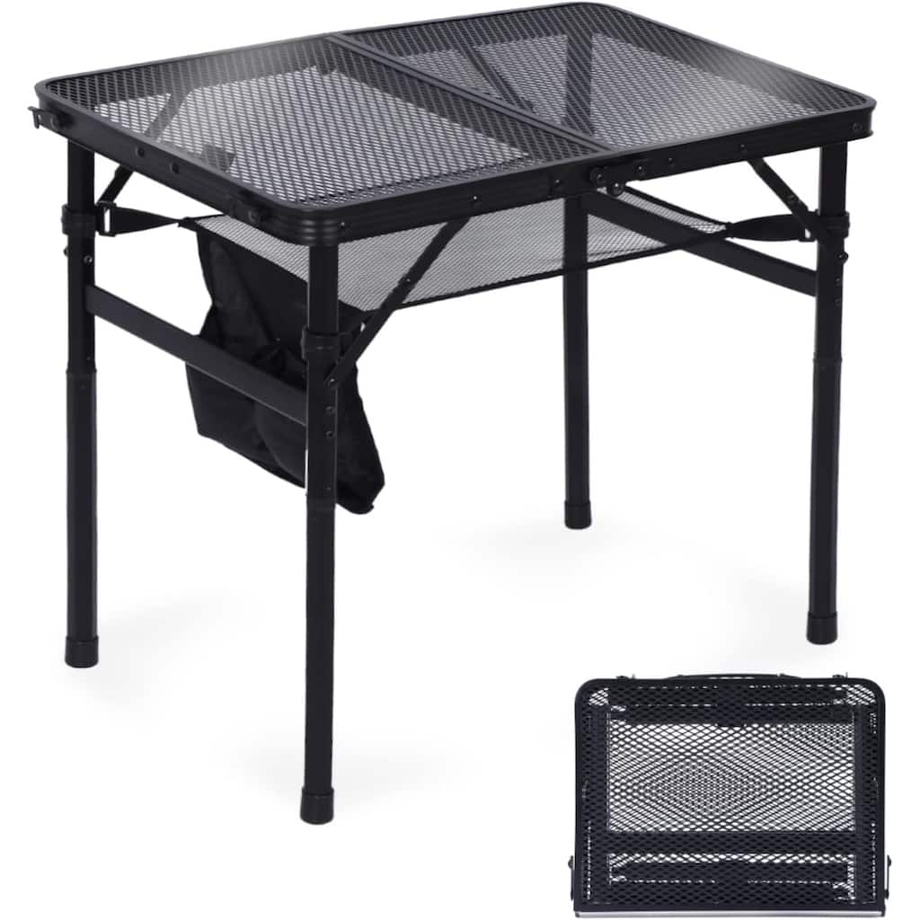 Grill Table, Outdoor Table, Card Table, Portable Grill Table, Adjustable Heights Camping Table with Mesh Bag & Cup Holders - N/A