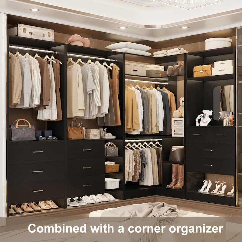 Cimly Set of 3 Closet Organizers with Drawers and Mirror, Freestanding Closet System with Hanging Rods