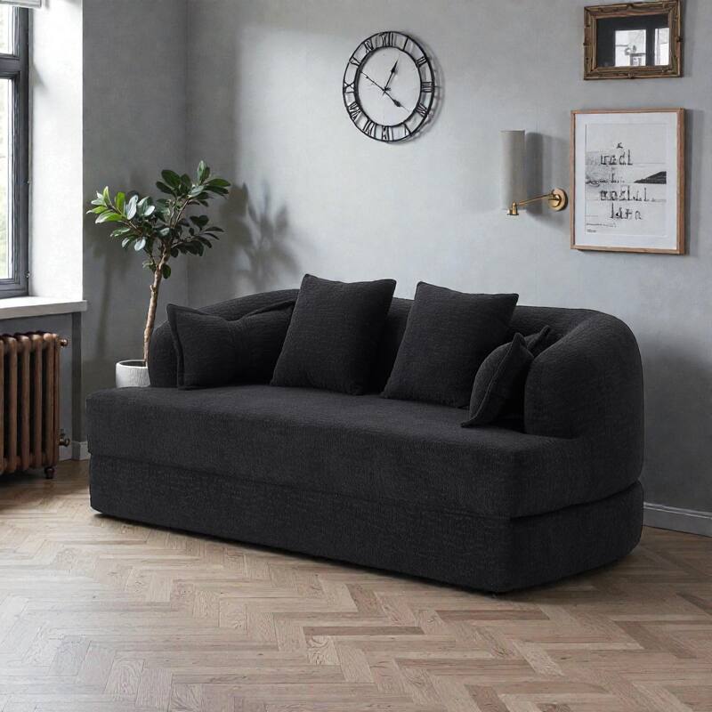 2-in-1 Foldable Sofa Bed, 70" Convertible Boneless Couch Sleeper with 4 Pillows, Chenille Foam Futon for Living Room - Black