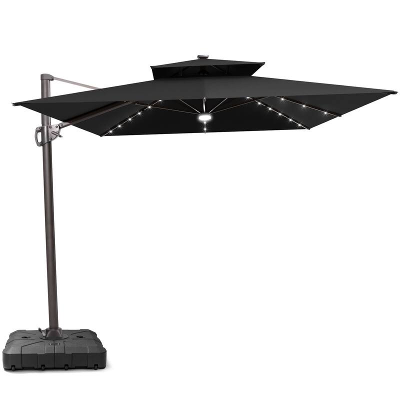 9 FT x 11 FT Outdoor Dual Top Patio Cantilever Umbrella LED Light with Wheel Base - Black