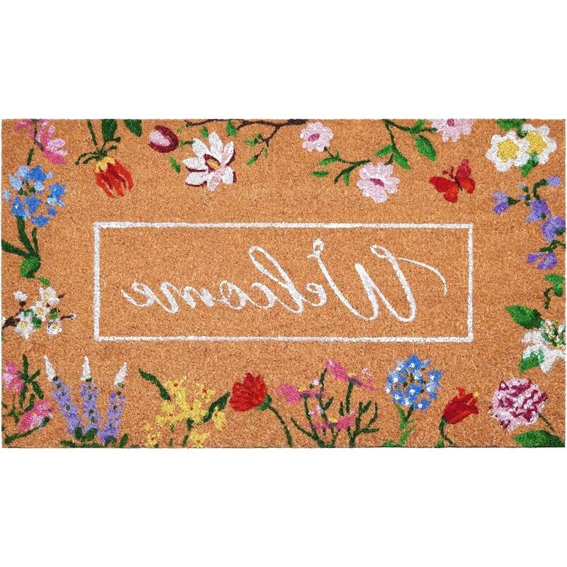 HomeRoots 24" X 36" Brown White And Green Floral Welcome Outdoor Coir Door Mat - 24.00' X '36.00