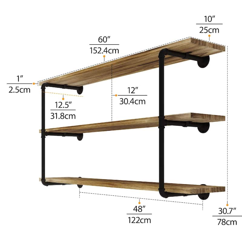 Wallniture 60"x 10" Pipe Shelves, Wood Shelving Unit, Wall Shelves for Books, Long Wall Shelf, Burnt, 3-Tier