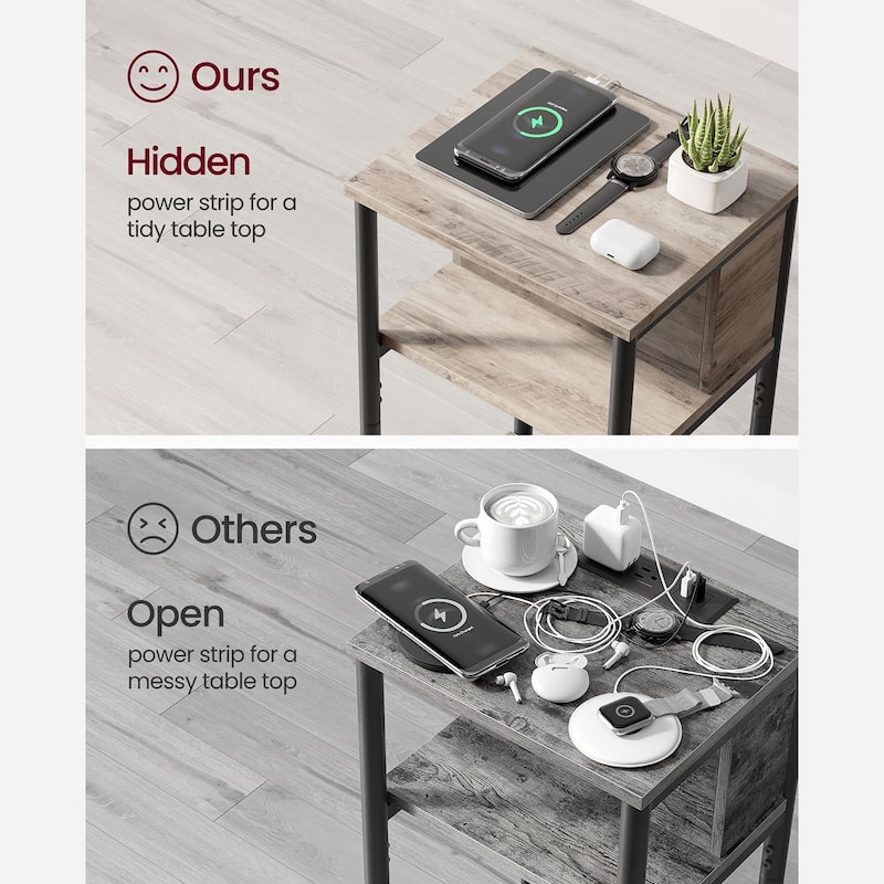 Side Table with Charging Station, 3-Tier End Table with USB Ports and Outlets, Nightstand for Living Room, Bedroom
