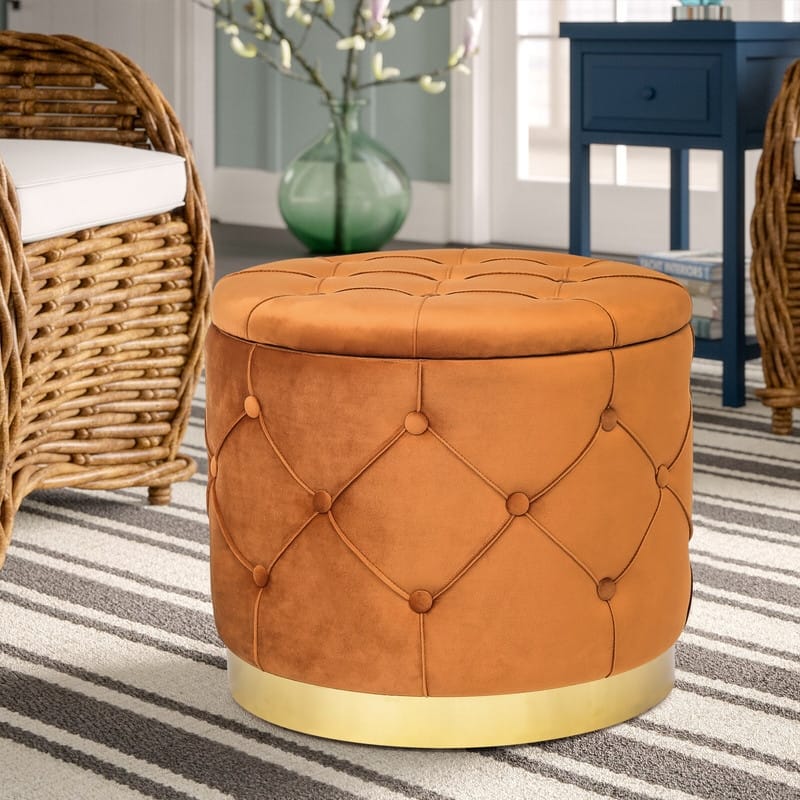 Adeco Round Velvet Multi-Function Vanity Footstool Storage Ottoman - Orange