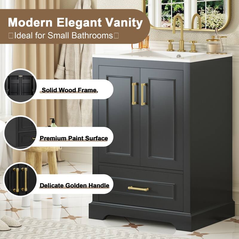 Bathroom Vanity with Ceramic Sink, Freestanding Bathroom Cabinet with Double Shelf, 1 Divided Drawer & 2 Soft Close Doors