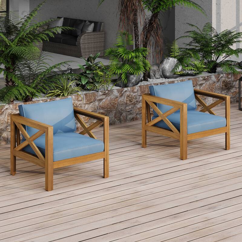Roomfitters Patio Conversation Set, 2 Outdoor Armchairs with Cushions & Selma Acacia Wood End Table, Teak Finish