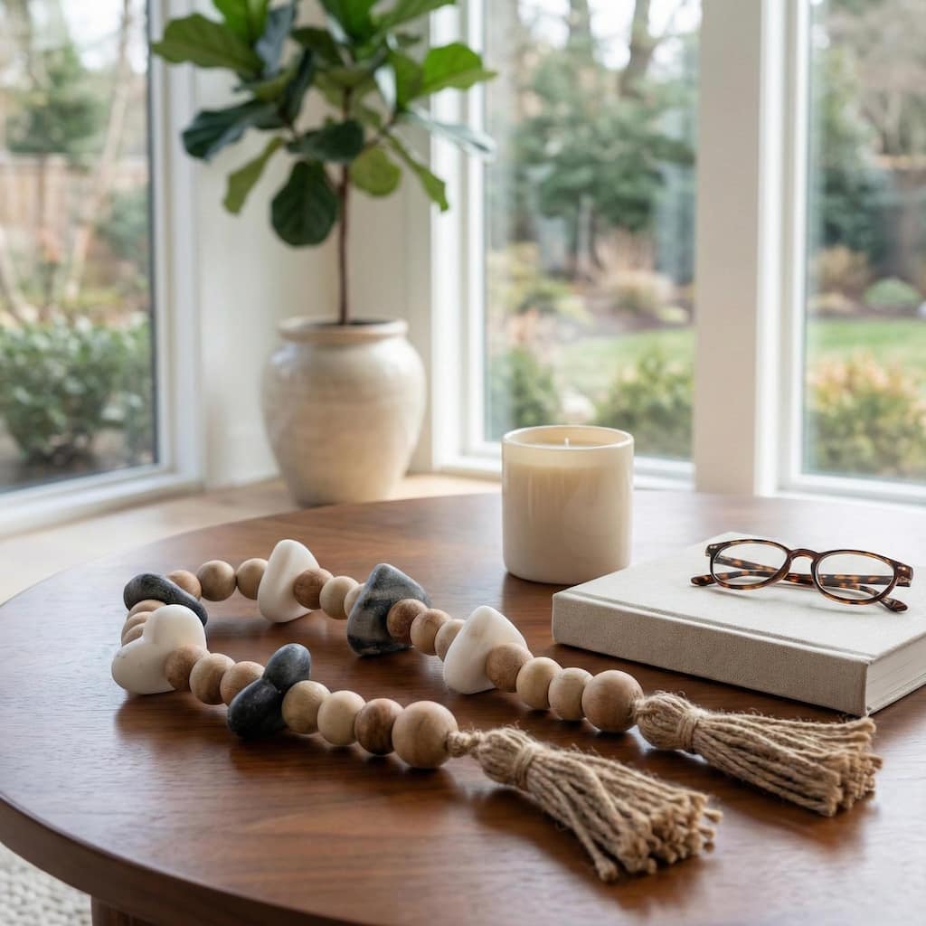 Decorative Acacia Wood Beaded Garland with Marble Heart Accents