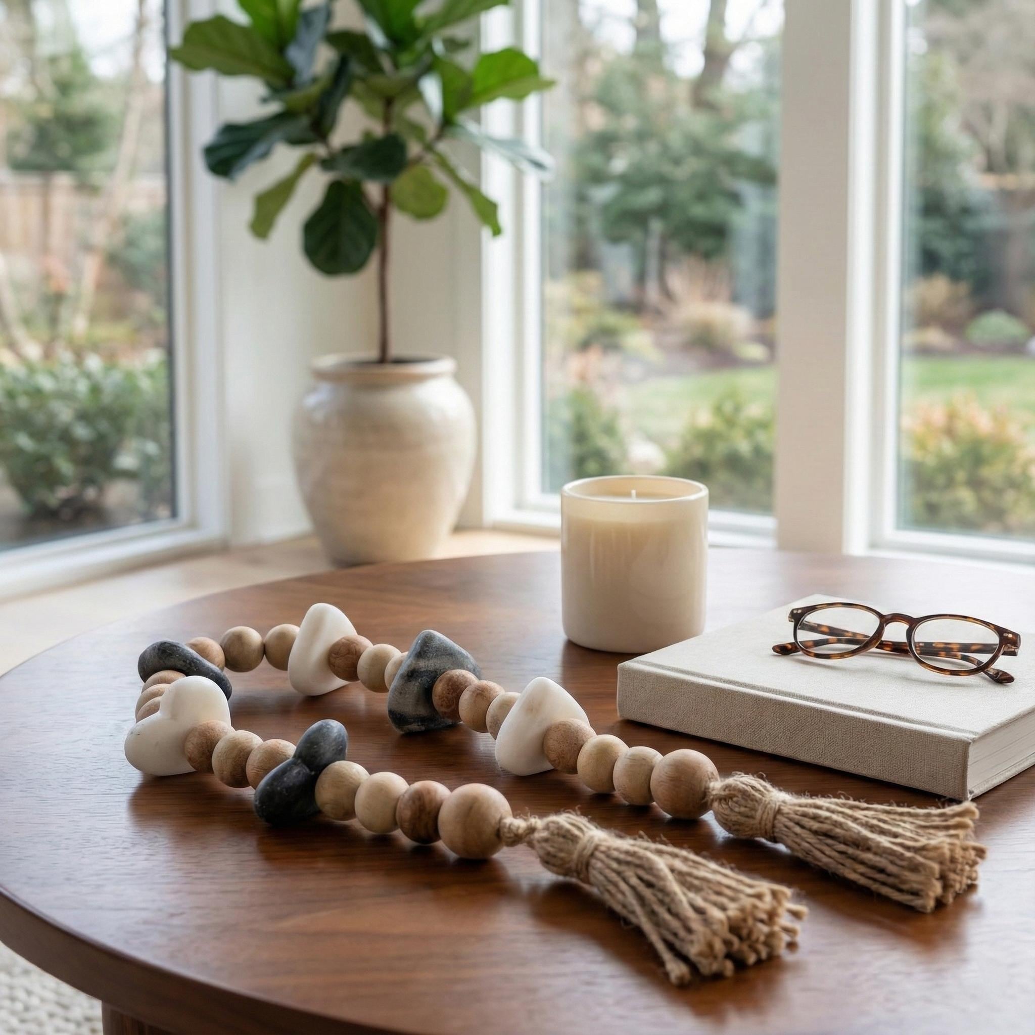 Decorative Acacia Wood Beaded Garland with Marble Heart Accents