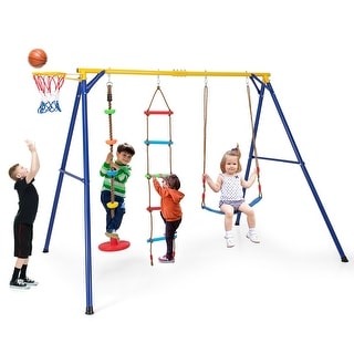 Gymax 4-in-1 Kids Swing Set Carbon Steel Swing Stand w/ Basketball