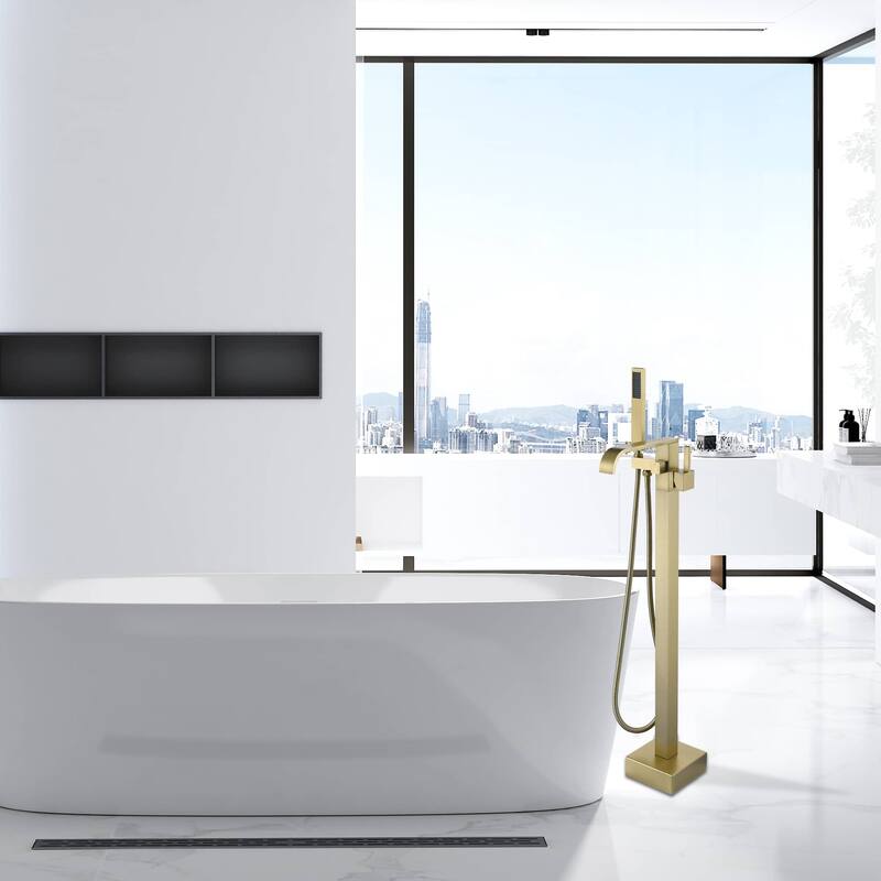 Floor Mount Waterfall Bathtub Faucet With Hand Shower, Single Handle Freestanding Bathroom Tub Filler Trim With Handheld
