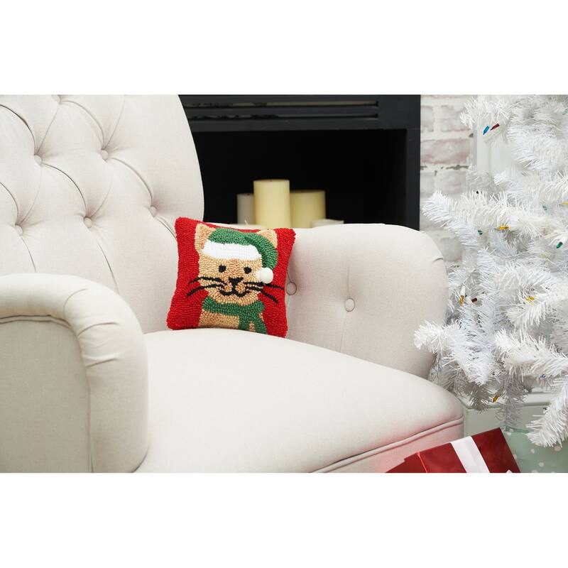 Christmas Kitty Hooked Throw Pillow