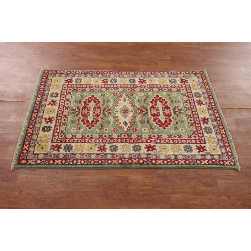 Light Green Kazak Oriental Rug Handmade Traditional Wool Carpet - 2'7" x 3'10"