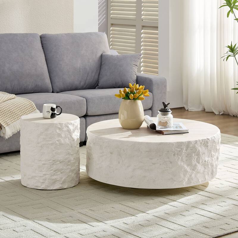 Fiberglass Round Center Table Coffee Table Set, Imitation Stone Sofa Table Accent Table End Table with Waterproof Tabletop