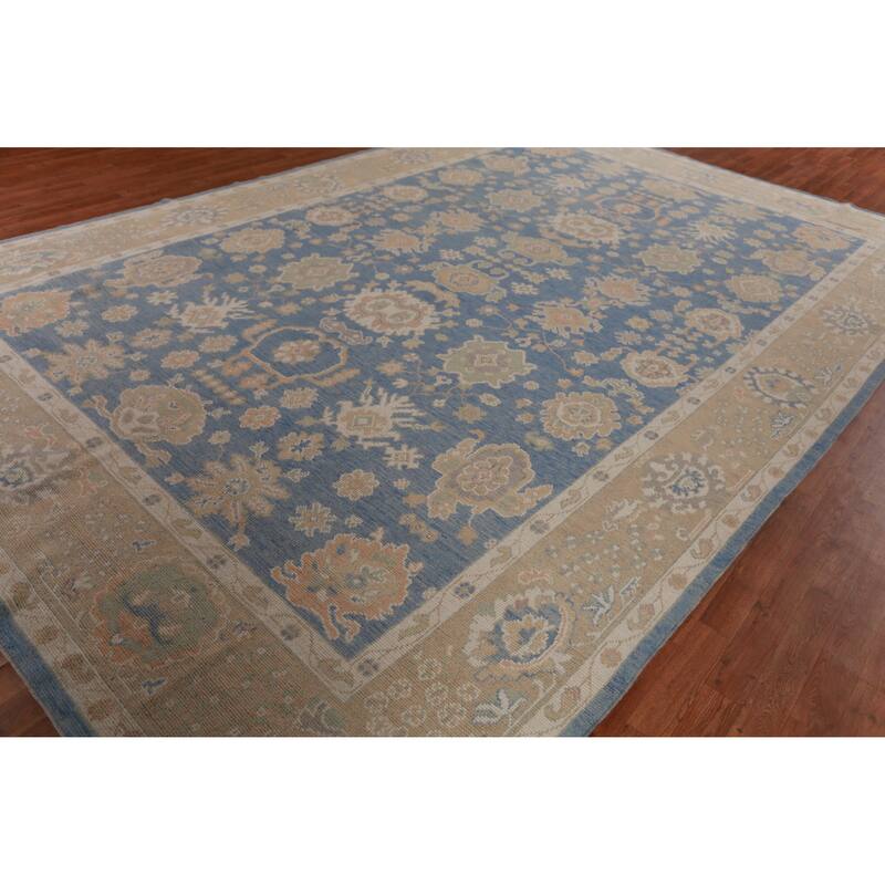 Hand Knotted Oriental 100% Wool Carpet Transitional All-Over Navy Blue & Blues Oushak Area Rug - 14' 8'' X 9' 8''