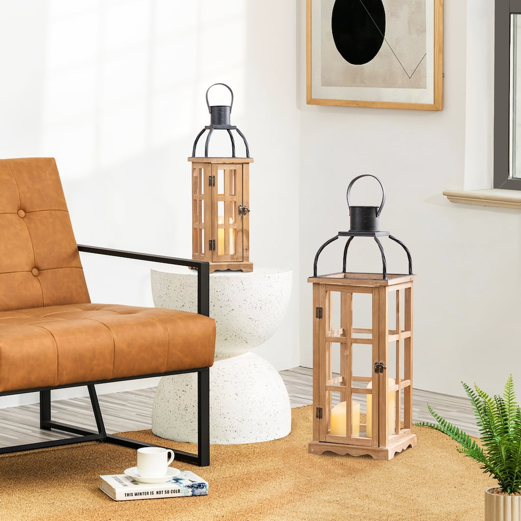 Glitzhome Farmhouse Wooden Metal Cage Candle Holders Patio Hanging Vintage Lanterns (Set of 2)