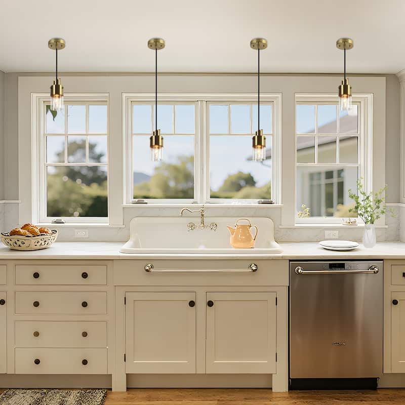 Mid-Century Modern 1-Light Gold Hanging Pendant Lights Cylinder Glass Kitchen Island Lights - 3"L