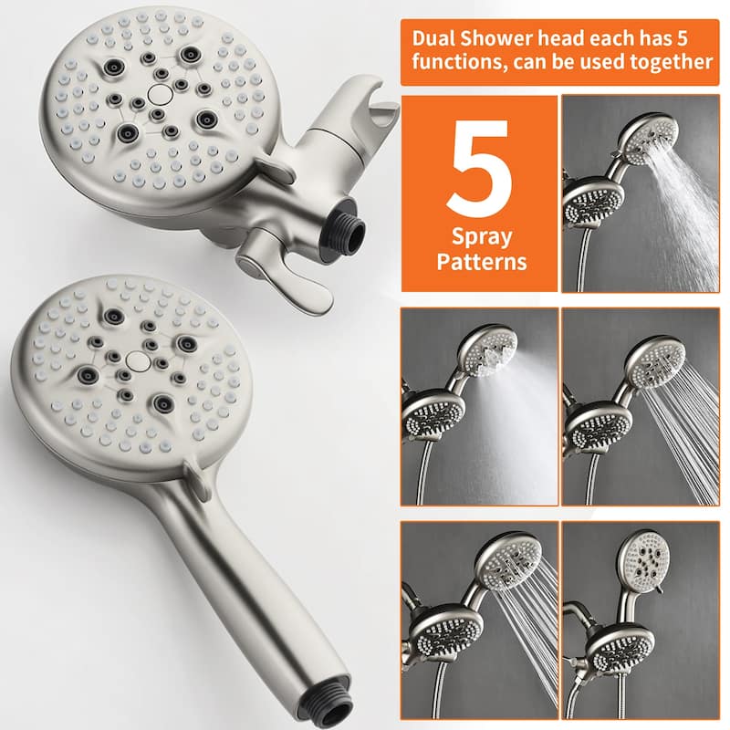 Wall Mount Shower Faucet with Handheld Shower Brass 5-Setting Spray Dual Head Shower System with Rough-in Valve