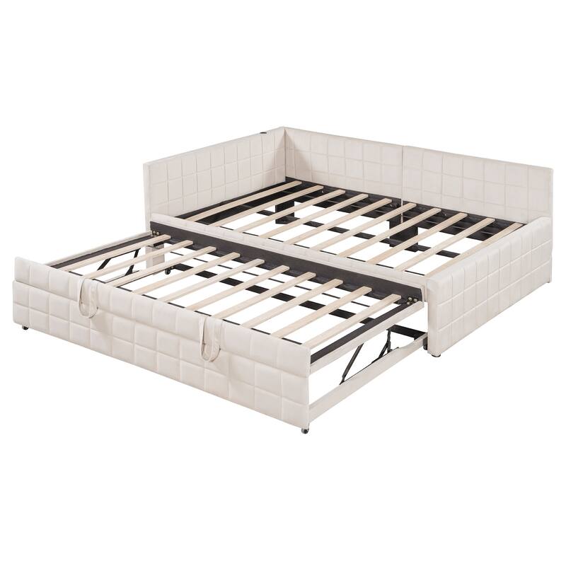 Full Size L-Shaped Upholstered Daybed - Includes Twin Pop-Up Trundle & USB Ports, Versatile Seating & Sleeping Solution