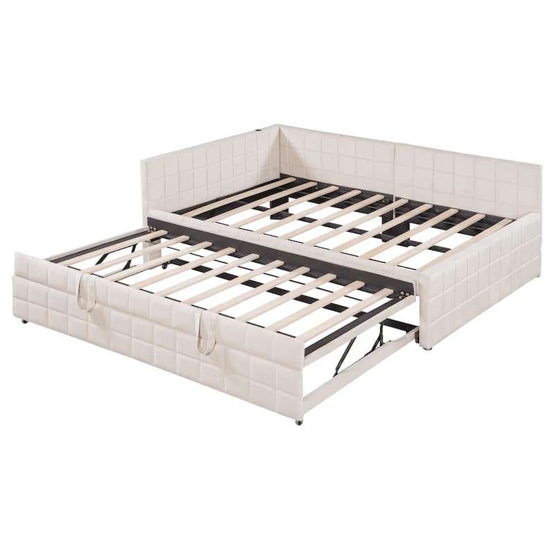 L-Shaped Upholstered Daybed with Pop Up Trundle, Checkered Tufted Sofa Bed Built-In USB Charging Ports, Full Sleeper Sofa Bed