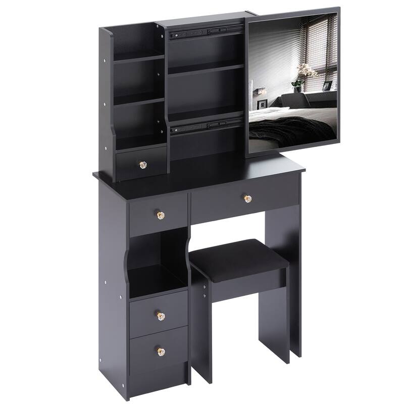 Vanity Desk with Sliding Mirror, Makeup Table with Drawer and Multi Layer Storage Rack, Vanity Set with Cushioned Stool