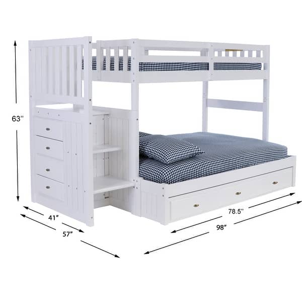 OS Home and Office Furniture Solid Pine Mission Staircase Twin over Full Bunk Bed with Seven Drawers in Casual White