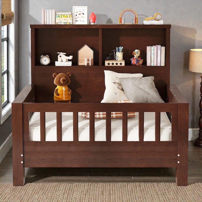 Twin Platform Bed with Storage Headboard, Safety Guardrails and Pull-Out Convertible Sofa/Playpen Design