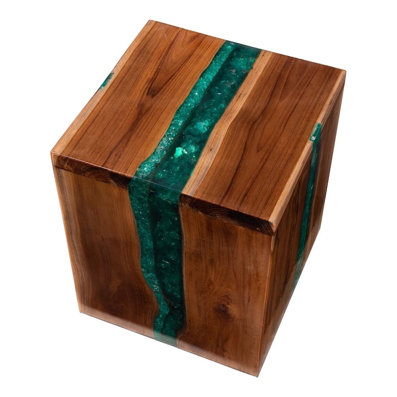 Anan Teak Wood Epoxy Resin End Table - Live Edge Cube Side Table, Handcrafted Modern Rustic Accent Table