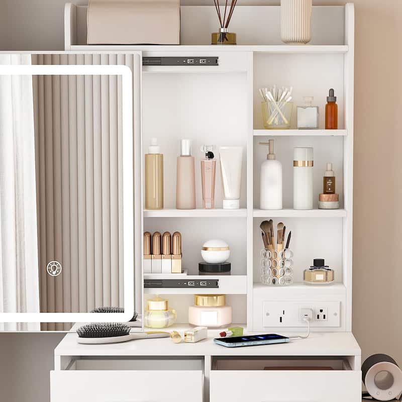 Small Makeup Vanity Desk with Built-in Power Outlet and Adjustable LED Lights Mirror