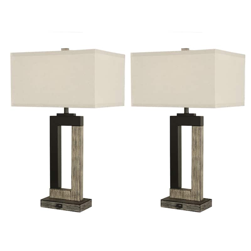 25.9" Rectangle Cotton Shade Wood Table Lamps Set of 2
