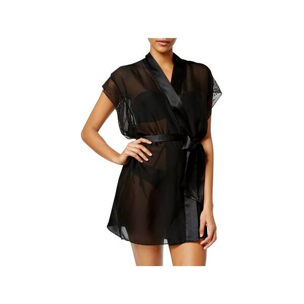 Calvin Klein Black Womens Wrap Robe Silk Lace Trim M L Calvin Klein Black Womens Wrap Robe Silk Lace Trim M L