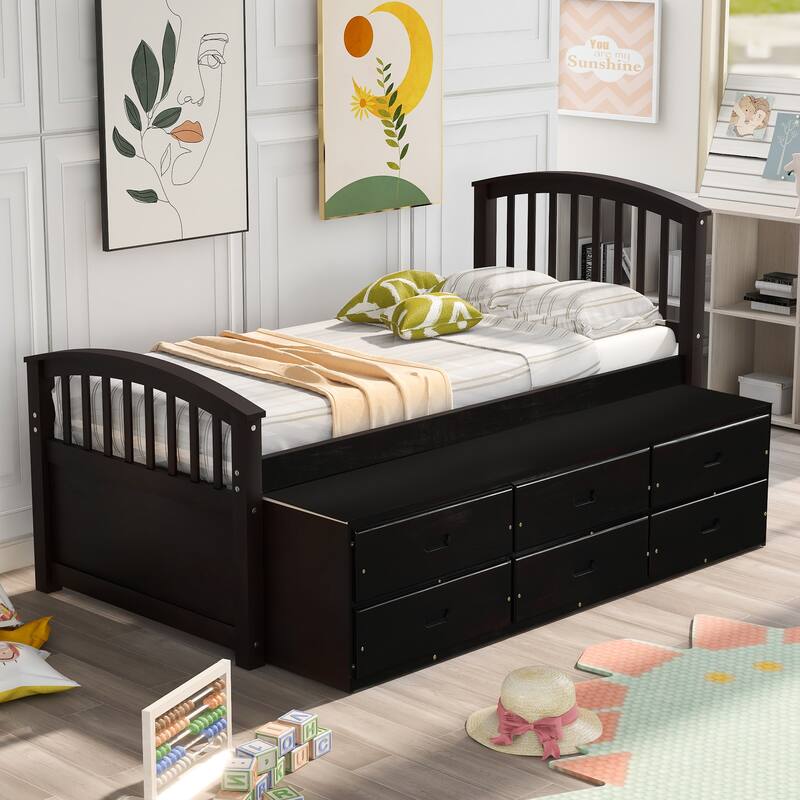 Solid Wood Platform Bed Daybed Frame with 6 Storage Drawers and Slats Support, Twin Size Storage Bed Frame for Bedroom