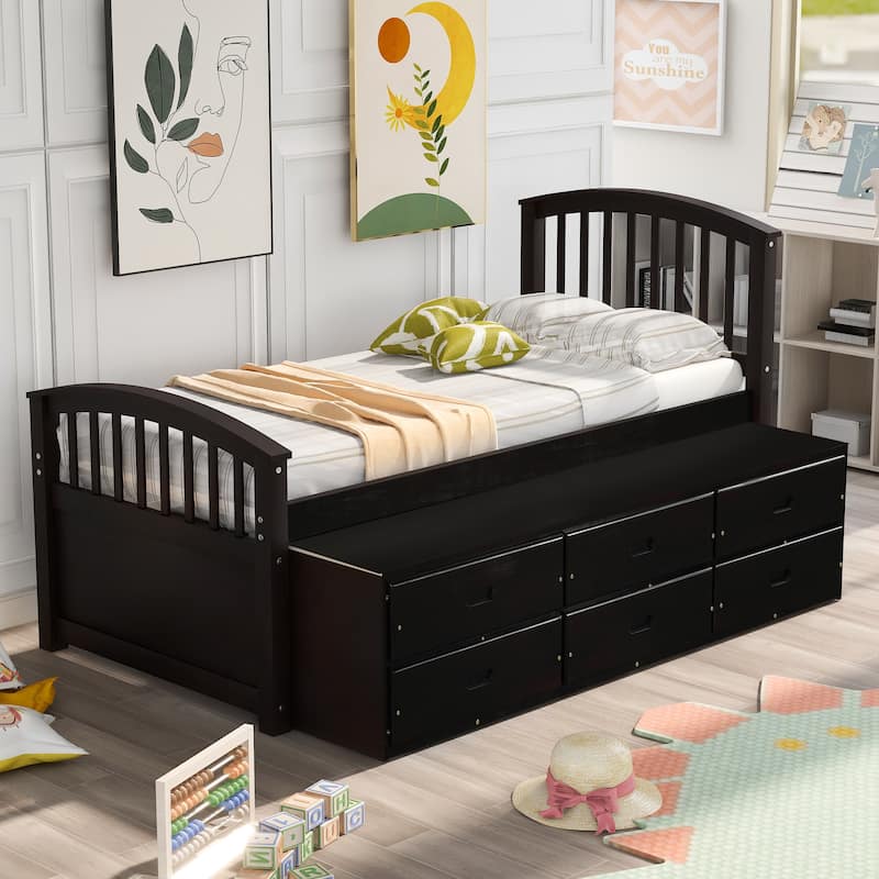Twin Size Platform Captains Storage Bed Solid Wood Daybed with 6 Drawers Bookcase Bed Low Profile Bed Panel Bed - Espresso - Twin