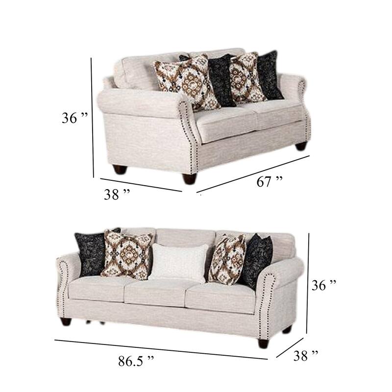 Serra 2pc Sofa and Loveseat Set, 9 Accent Pillows, Greige Polyester