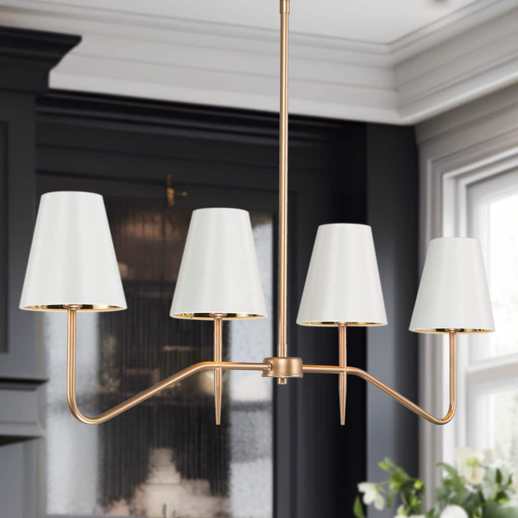 Mid-Century Modern 4-Light Gold Chandelier Island Lights with Fabric Shade for Dining Room - L 34.5" x W 5.5" x H 12.5"