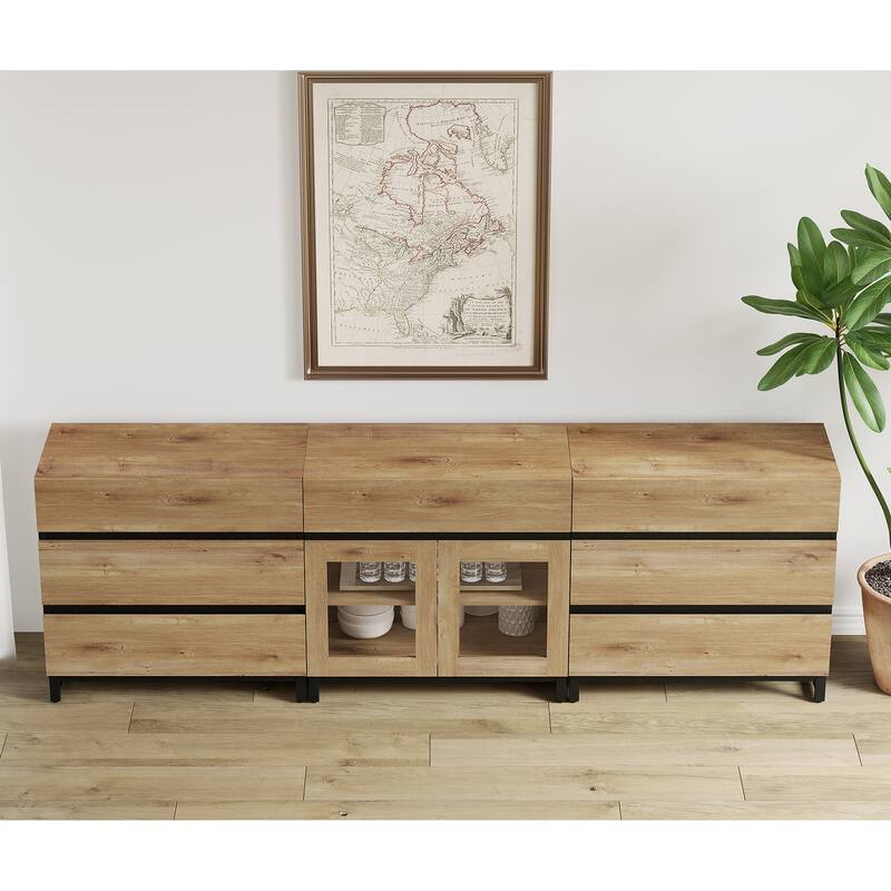 WAMPAT 3 in 1 Sideboard Buffet Cabinets with Glass Doors and 7 Drawers, Coffee Bar Cabinet Storage Cabinet for Kitchen