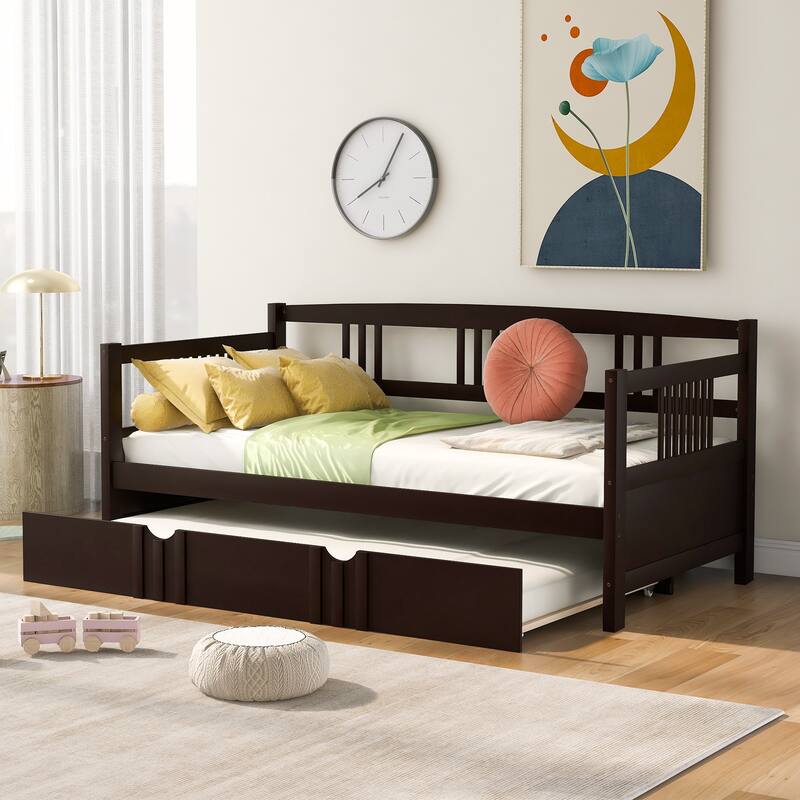 Twin Size Wood Daybed with Trundle, Espresso Finish, Space-Saving Design