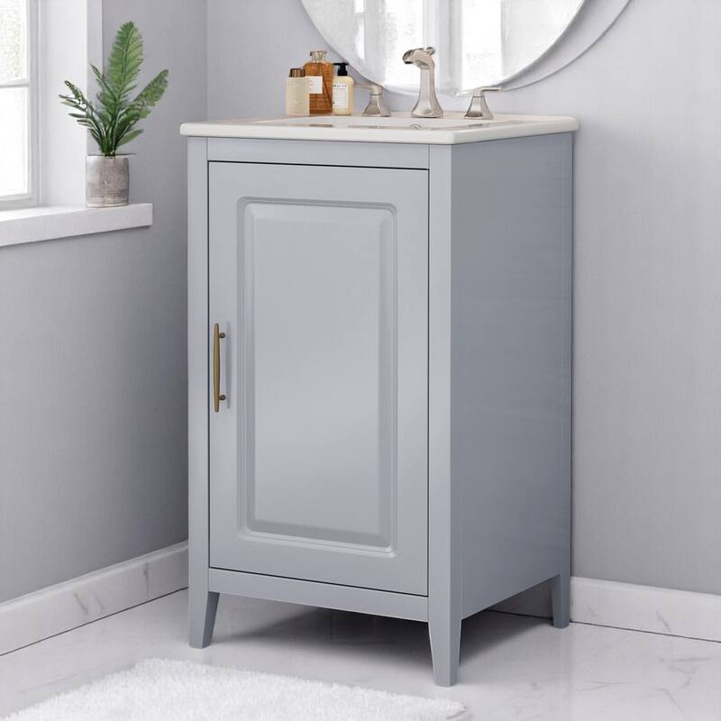 20.3 Inch Bathroom Vanity with Ceramic Sink, Drawer Storage, Soft Close Door, 8-Inch Faucet Compatible - Grey
