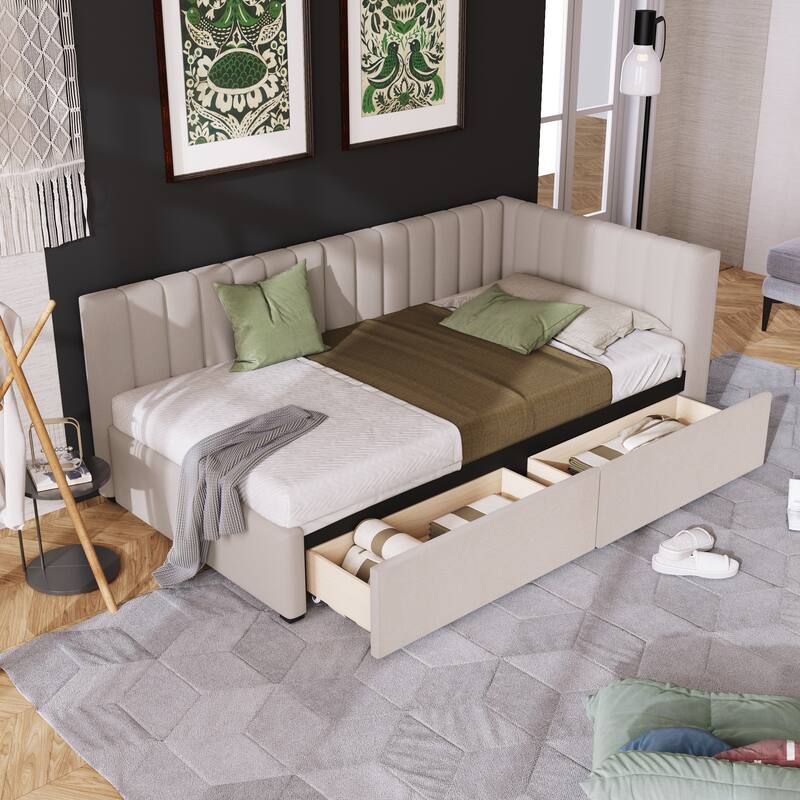 Beige Twin Linen Upholstered Daybed with Two Drawers - No Box Spring Needed, Sofa Bed Frame - Beige