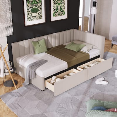 Beige Twin Linen Upholstered Daybed with Two Drawers - No Box Spring Needed, Sofa Bed Frame