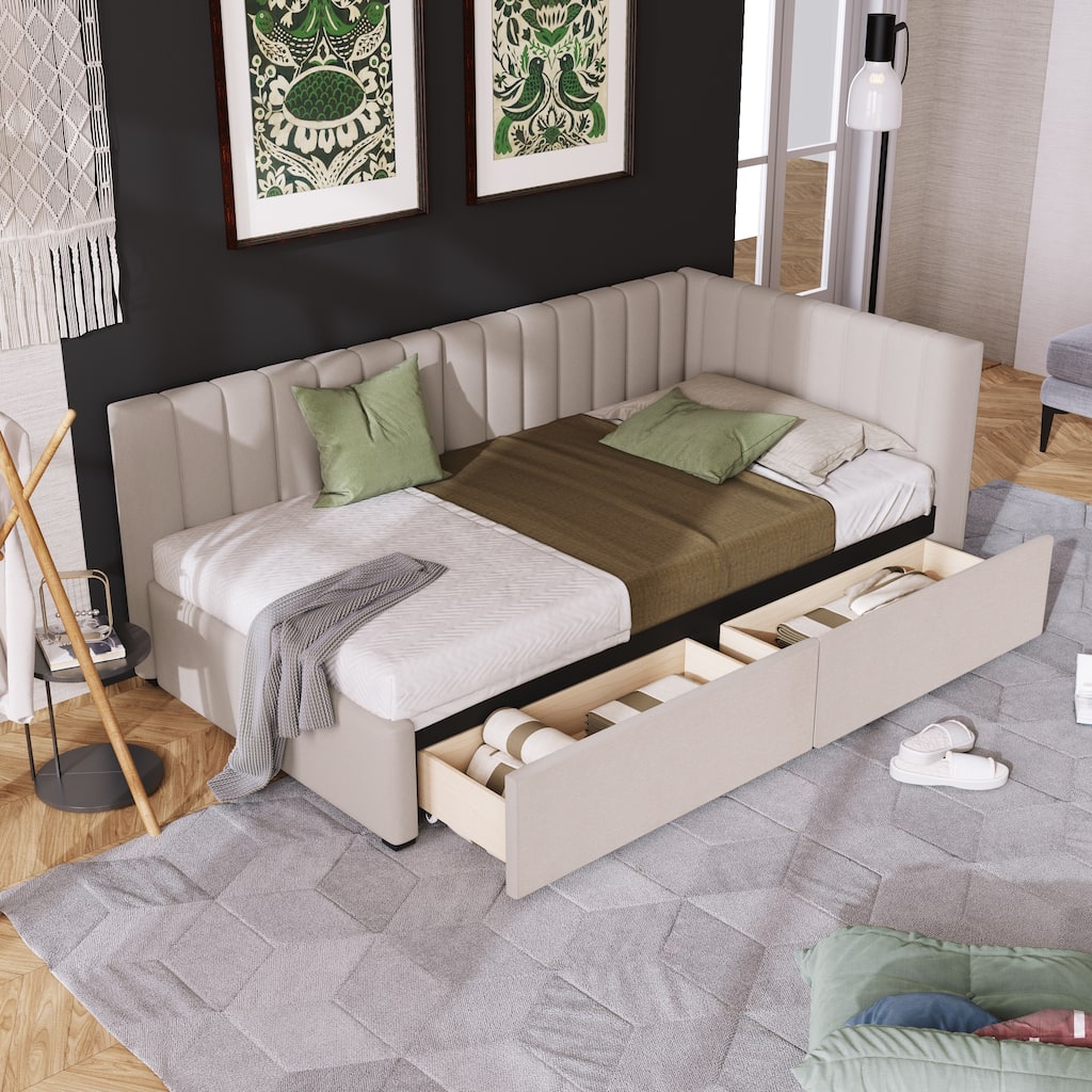 Upholstered Daybed Twin Size Sofa Bed with Storage, Linen Fabric, No Box Spring, Classic Design with Drawers, for Guest Rooms