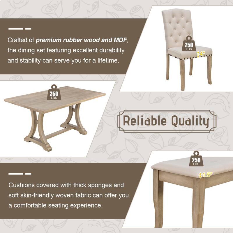 6-Piece Farmhouse Dining Set with Rectangular Trestle Table and 4 Upholstered Chairs and Bench