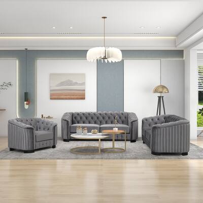 Modern 3-Piece Sofa Sets with Wood Legs,Velvet Upholstered Couches Set