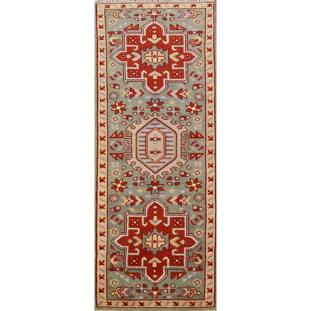 Hand Knotted Oriental 100% Wool Carpet Transitional Geometric Green Khotan Runner Rug - 7' 10'' X 2' 6''