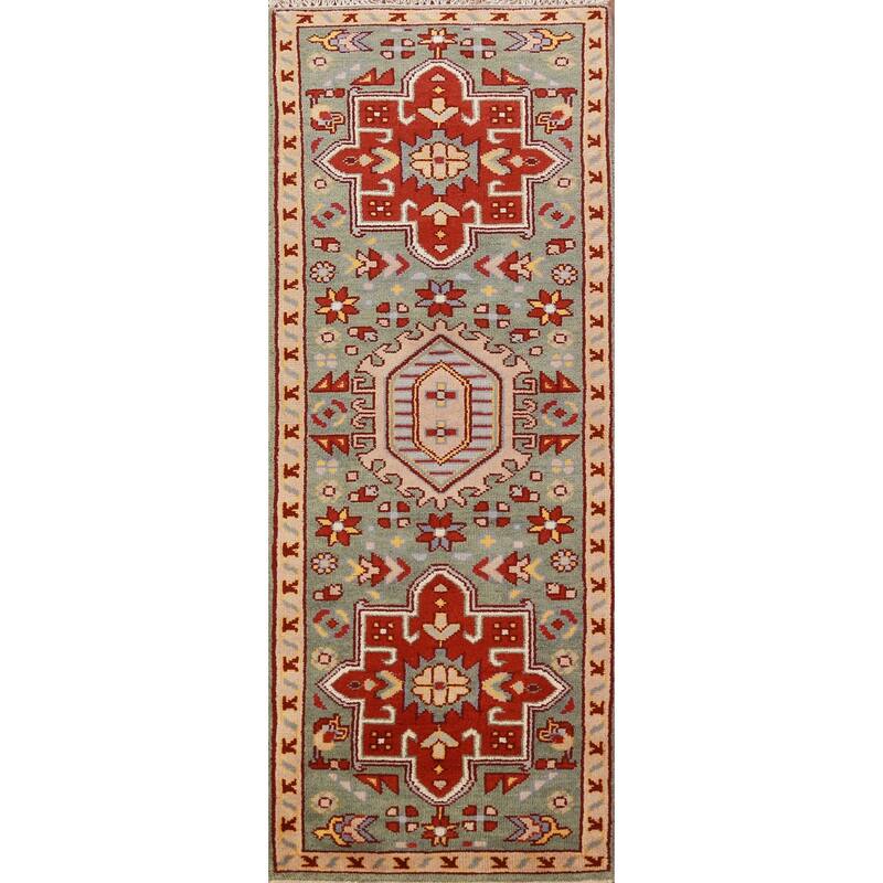 Hand Knotted Oriental 100% Wool Carpet Transitional Geometric Green Khotan Runner Rug - 7' 10'' X 2' 6''