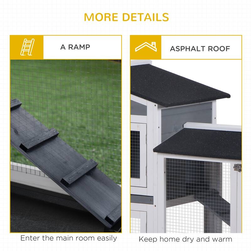 Grey-White Large Wooden Bunny Hutch with Ramp Run Box and Black Weather-Resistant Roof - 62" L x 20.75" W x 36.75" H