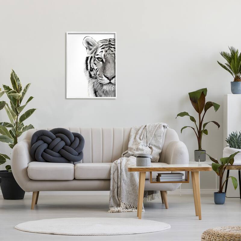 Stupell White Tiger Close Up Black and White Photography Framed Giclee Texturized Art by Design Fabrikken